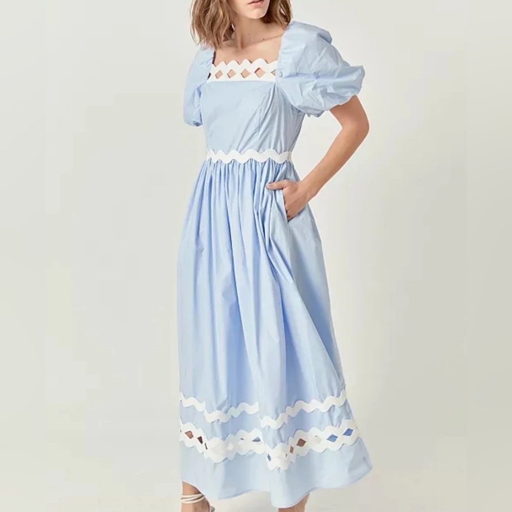 English Factory Scallop-Trim Cotton Midi Dress Sz L Blue Ecru Trim Nwt - Picture 13 of 16